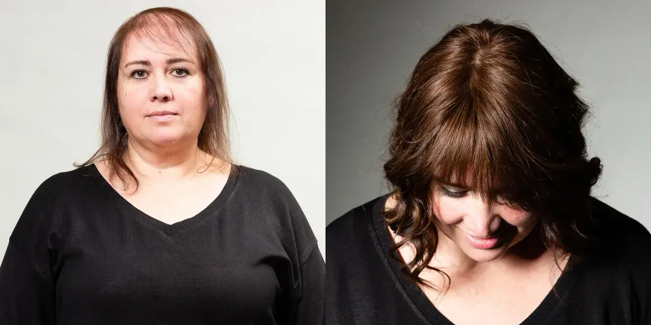 Prima e dopo: capelli diradati davanti, ora più folti e con un taglio che valorizza chi ha pochi capelli.