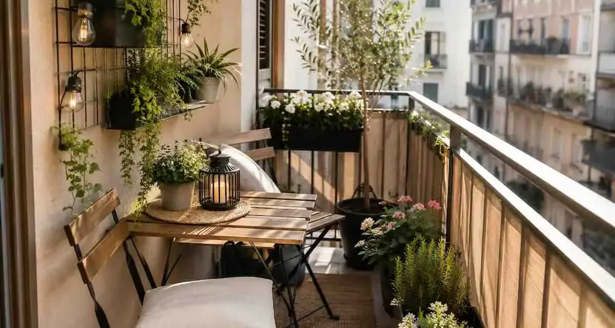 Un piccolo tavolo con sedie, piante rigogliose e luci creano un'atmosfera accogliente. Perfette idee balcone per un angolo relax.