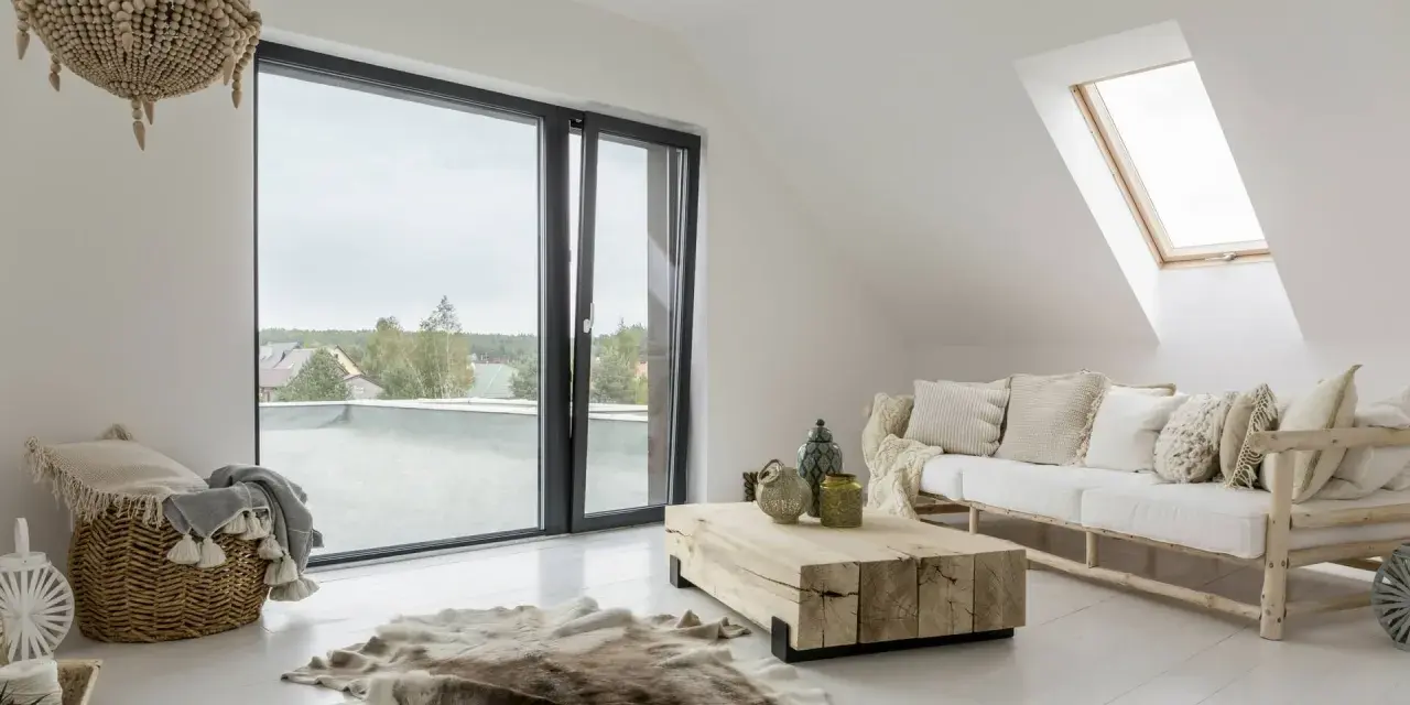 Un salotto con un divano bianco, tavolino in legno grezzo e tappeto in pelliccia, in un accogliente stile boho chic casa.