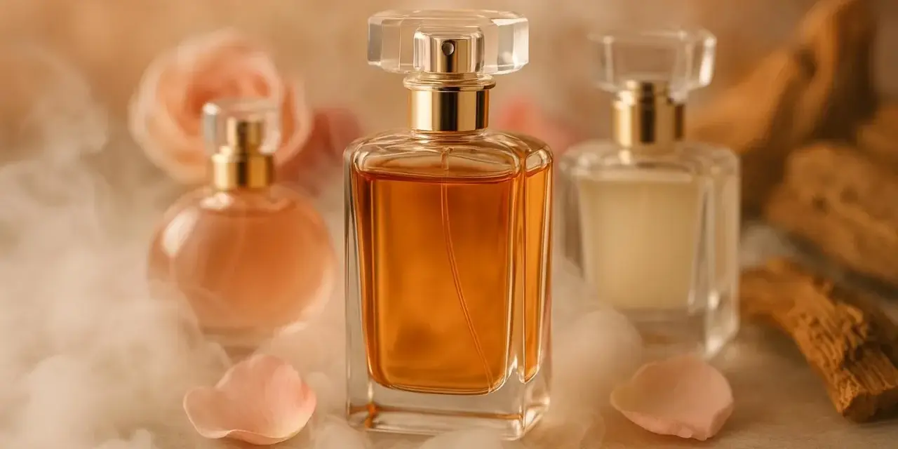Flaconi di essenze profumi famosi, con petali di rosa e fumo leggero, evocano un'atmosfera di lusso e seduzione.