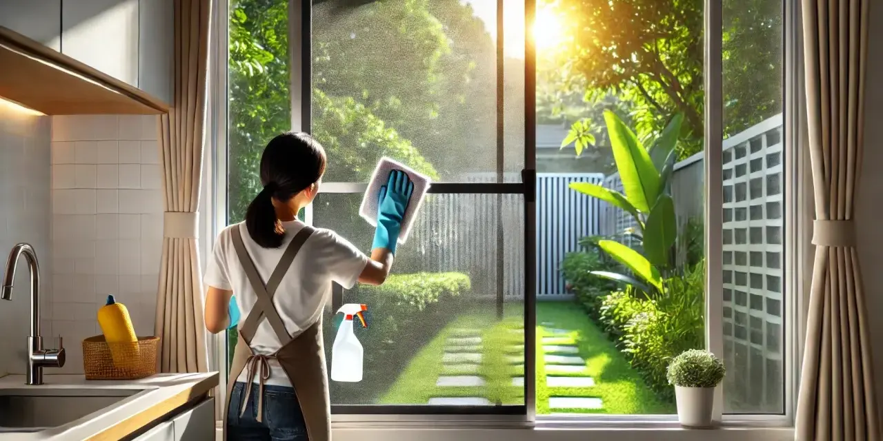 Donna con guanti pulisce zanzariere con panno e spray. Un giardino soleggiato si vede fuori dalla finestra.