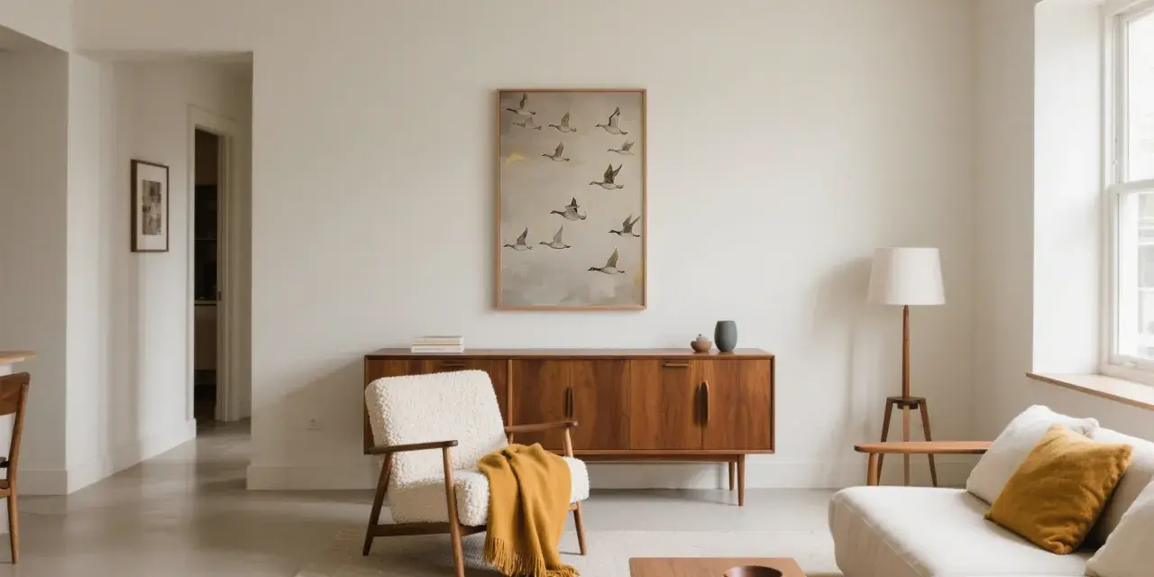 Un soggiorno in stile wabi sabi con poltrona in lana bouclé, credenza in legno e quadro di oche in volo.