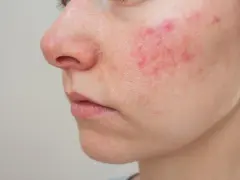 Primo piano del viso con arrossamenti e pustole, possibili effetti collaterali del collagene.