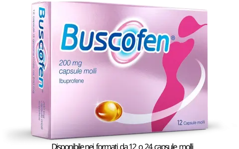 Scatola di Buscofen, 12 capsule molli da 200 mg di ibuprofene, un valido aiuto per i rimedi dolori mestruali.