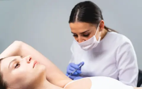 Una dottoressa con mascherina esegue un'iniezione all'ascella di una paziente. Un trattamento moderno, lontano dai sudore ascelle rimedi della nonna.