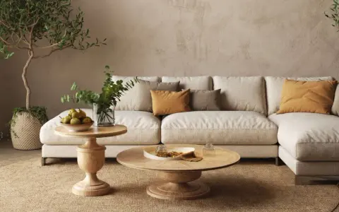 Soggiorno beige e bianco con divano modulare, tavolini in legno, piante e tappeto in juta.