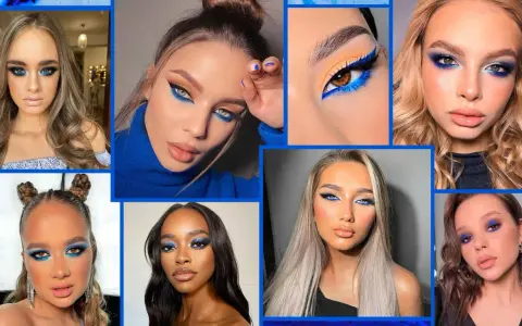 Collage di volti con audace trucco occhi azzurri, che esalta la bellezza di diverse tonalità di pelle.