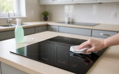 Mano che pulisce il piano a induzione con un panno. Scopri come pulire piano induzione per mantenerlo splendente.