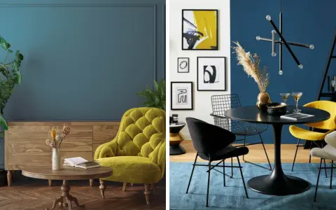 Eleganti abbinamenti color ottanio con tocchi di giallo ocra e nero. Un salotto accogliente e una sala da pranzo moderna.