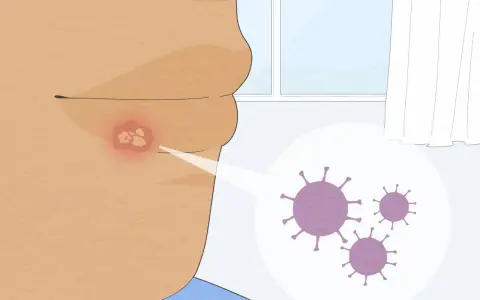 Un primo piano mostra un labbro con un'eruzione cutanea rossa e vesciche, con un ingrandimento che rivela virus. Utile per capire i rimedi per herpes labiale.