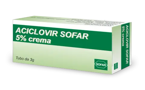 Scatola di ACICLOVIR SOFAR 5% crema, un trattamento per il pomata herpes genitale. Tubo da 3g.