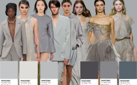 Models in various grey outfits with Pantone color swatches below.