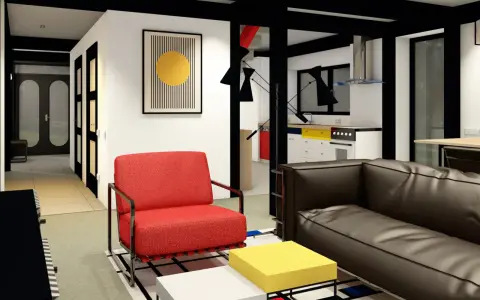 Soggiorno moderno con poltrona rossa, divano marrone e tavolini cubici. L'arredamento, con linee pulite e colori primari, evoca lo stile bauhaus.
