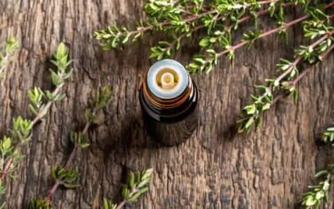 Flacone di olio essenziale di timo su legno rustico, circondato da rametti freschi. Un aiuto naturale per il raffreddore.