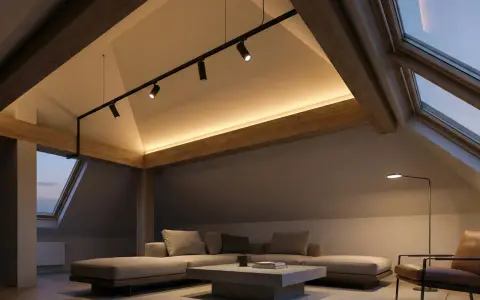 Accogliente mansarda con tetto spiovente, illuminazione soffusa e travi a vista. Un moderno sistema di faretti illumina l'ambiente, creando un'atmosfera calda e rilassante.
