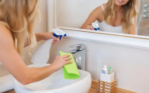 Donna pulisce il lavandino con uno spray, un passo fondamentale per come eliminare gli odori in casa e mantenere un ambiente fresco.