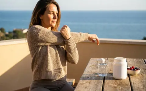 Donna si allena all'aperto, con un integratore e frutti di bosco sul tavolo. Informarsi sui vital proteins controindicazioni prima dell'uso.