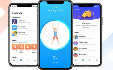Schermate di app per il fitness con esercizi, categorie e istruttori. Le migliori app fitness per iniziare il tuo percorso.