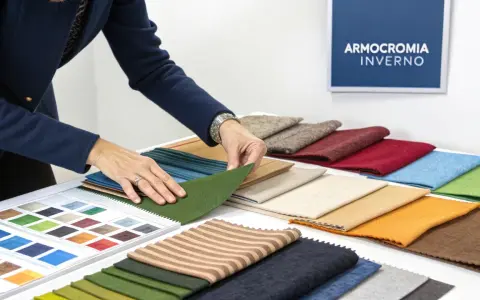 Mani che scelgono tessuti per una palette inverno. Campioni di stoffa in varie tonalità, dal verde al blu, dal beige all'arancione.