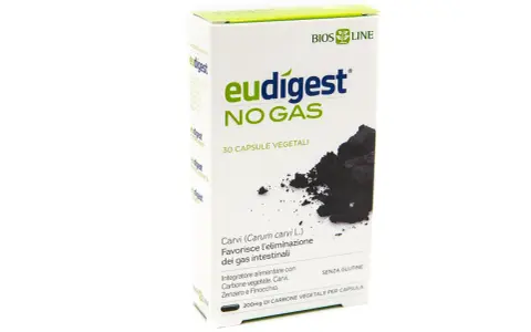 Eudigest NO GAS, integratore con carbone vegetale per favorire l'eliminazione dei gas intestinali. Non sono noti effetti collaterali significativi.