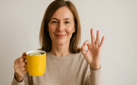 Woman holding a yellow mug with lemon and giving an OK sign.