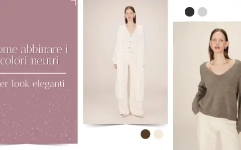 Look eleganti con colori neutri. Modella indossa un completo bianco e un maglione grigio, entrambi con colori desaturati.