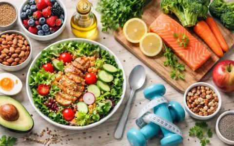 Dieta sana e allenamento per perdere peso in una settimana: insalata con pollo, salmone, verdure, frutta e pesi.