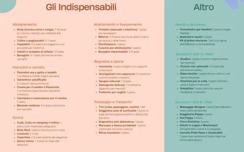 Lista di cosa serve per un neonato: abbigliamento, pannolini, cambio, sonno, allattamento, igiene, passeggio, trasporto, salute, sicurezza e accessori utili.