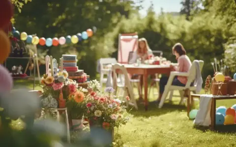 Festa in giardino con palloncini colorati, fiori vivaci e persone sedute a tavola.