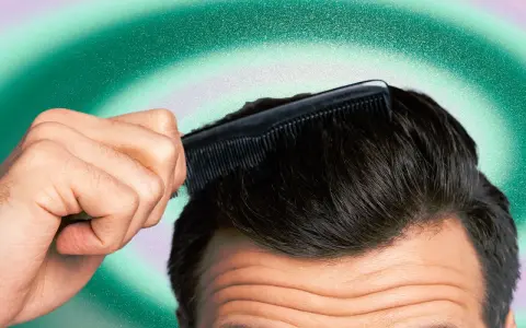 Uomo pettina i capelli scuri, scoprendo come togliere la forfora in 5 minuti con un pettine nero su sfondo verde sfumato.