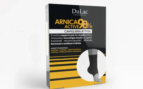 Cavigliera attiva DuLac con arnica per distorsione caviglia. Supporto tessile innovativo con agenti funzionali per un benessere mirato.
