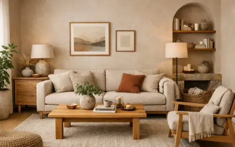 Caldi colori salotto moderno con divano beige, tavolino in legno e quadri astratti.