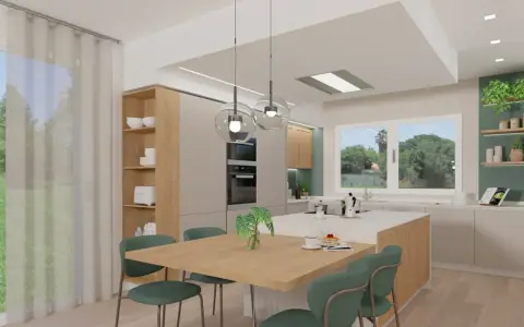 Cucina moderna con isola centrale, tavola in legno e sedie verdi. L'abbinamento colori arredamento crea un ambiente accogliente e luminoso.