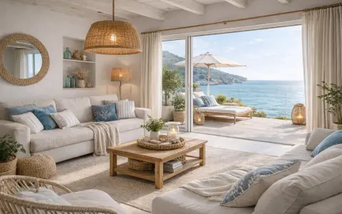 Soggiorno con vista mare, arredamento in stile mediterraneo con divani chiari, cuscini blu e legno naturale. Perfetto per case al mare arredamento.