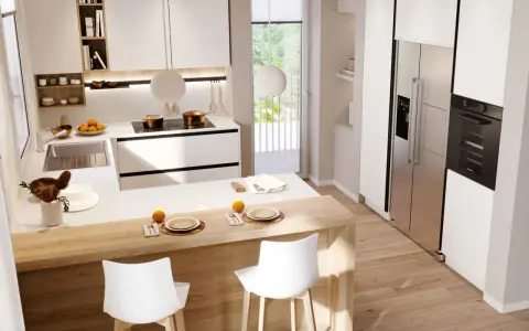 Modern white kitchen with a wooden island, bar stools, stainless steel fridge, and oven.