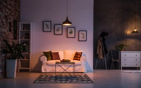 Un divano bianco accogliente, con cuscini colorati, in un soggiorno con mattoni a vista e quadri botanici. Atmosfera di puro stile cozy.