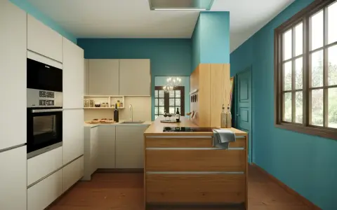 Cucine colorate con isola in legno e pareti turchesi. Un ambiente moderno e accogliente, perfetto per chi ama il design vivace.