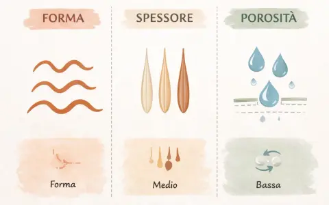 Illustrazione che mostra i diversi tipi di capelli: forma (ondulati), spessore (tre ciocche) e porosità (gocce d'acqua).
