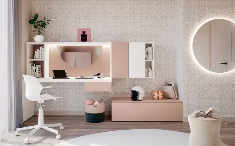 Un moderno angolo trucco in camera da letto con scrivania, specchio rotondo illuminato e accessori.