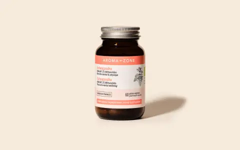 Flacone di integratore Ashwagandha Aroma-Zone. Molti credono che l'ashwagandha fa dimagrire, supportando benessere fisico e mentale.