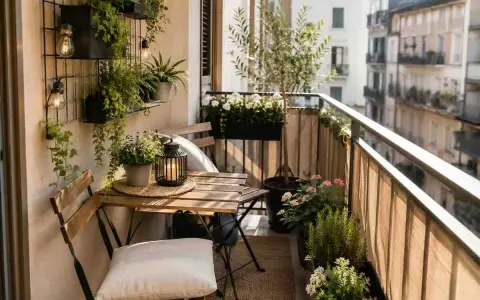 Un piccolo tavolo con sedie, piante rigogliose e luci creano un'atmosfera accogliente. Perfette idee balcone per un angolo relax.