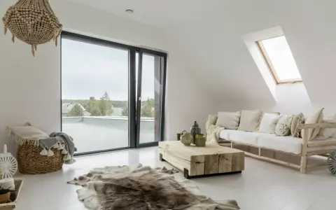 Un salotto con un divano bianco, tavolino in legno grezzo e tappeto in pelliccia, in un accogliente stile boho chic casa.
