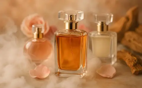Flaconi di essenze profumi famosi, con petali di rosa e fumo leggero, evocano un'atmosfera di lusso e seduzione.