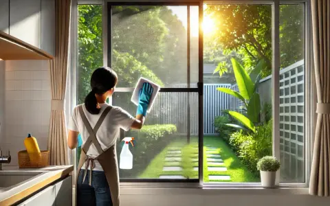 Donna con guanti pulisce zanzariere con panno e spray. Un giardino soleggiato si vede fuori dalla finestra.