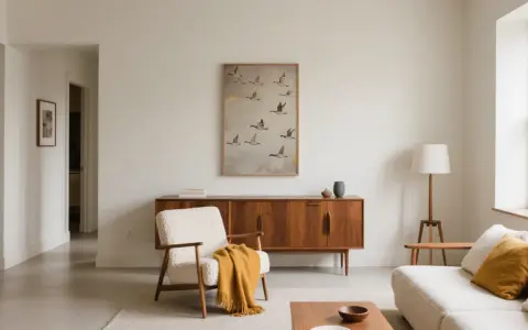 Un soggiorno in stile wabi sabi con poltrona in lana bouclé, credenza in legno e quadro di oche in volo.
