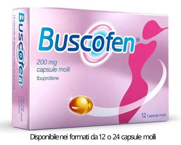 Scatola di Buscofen, 12 capsule molli da 200 mg di ibuprofene, un valido aiuto per i rimedi dolori mestruali.