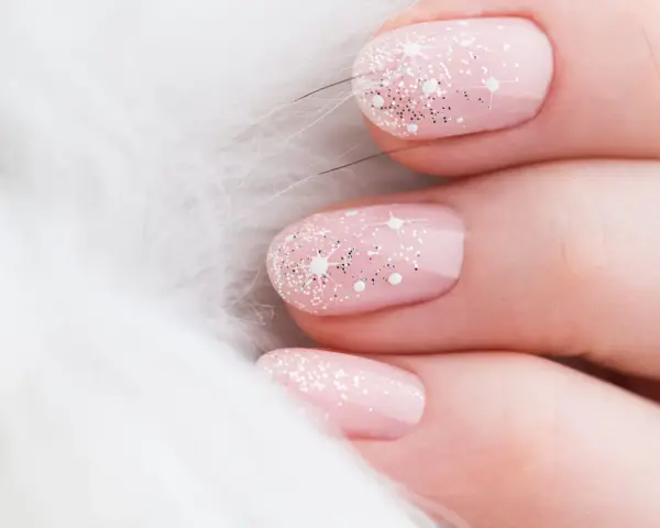 Unghie natalizie rosa pastello con brillantini scintillanti e decorazioni a stella, su sfondo bianco soffice.
