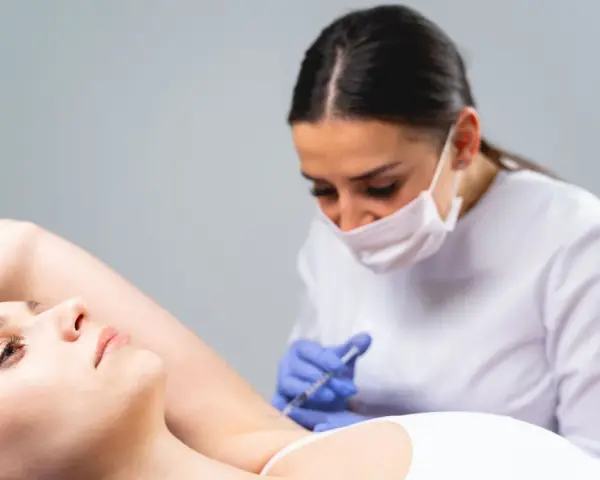 Una dottoressa con mascherina esegue un'iniezione all'ascella di una paziente. Un trattamento moderno, lontano dai sudore ascelle rimedi della nonna.