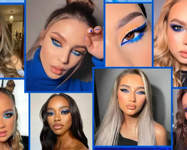 Collage di volti con audace trucco occhi azzurri, che esalta la bellezza di diverse tonalità di pelle.