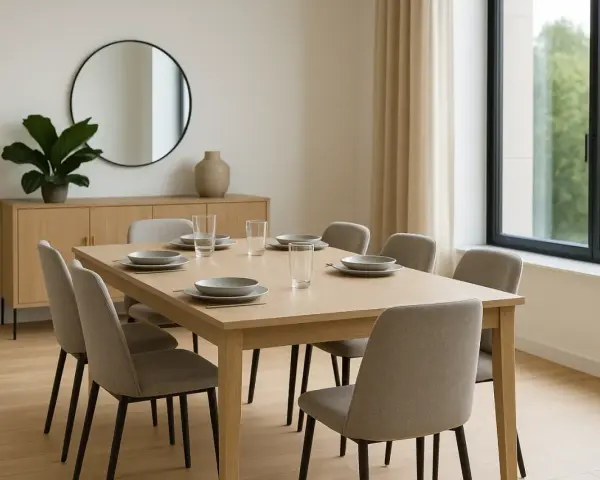 Tavolo 240 cm quante persone? Questo tavolo da pranzo in legno chiaro, apparecchiato per sei, è perfetto per cene conviviali.